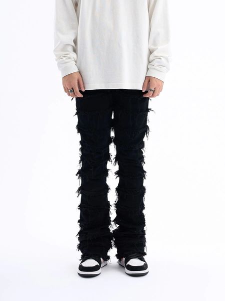 American Style Black Erosion endommagé Jeans Rough High Street Mens Ins Hip-Hop Fashion Vintage Skinny Pants Streetwear 240328