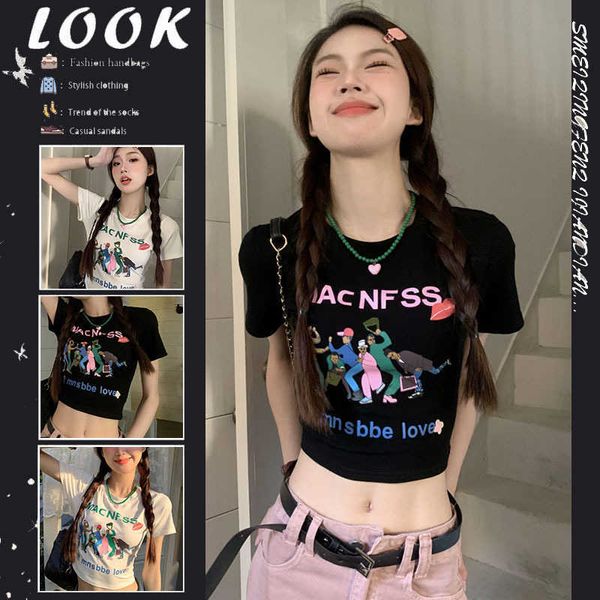 Camiseta negra de manga corta de estilo americano, novedad de verano, chica picante dulce y fresca, top corto de talle alto y delgado con ombligo revelador, tendencia de Instagram