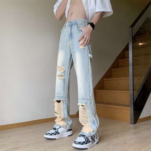 Jeans en détresse de style américain pour l'ambiance pour hommes ajusté pantalon lavé à jambe droite