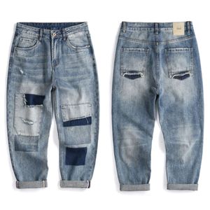 Distressed jeans in Amerikaanse stijl, losse, rechte casual trendy patch, 9-punts papa-broek, oversized herenbroek