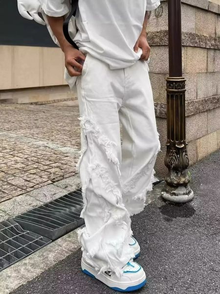 Style américain dommages à l'érosion bord brut rue jean hommes Harajuku Style Hiphop danse droite blanc jean femmes Y2k vêtements 240122