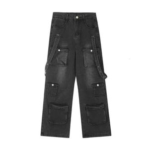Amerikaanse stijl hoge multi-pocket brede jeans, herentrend losse straathop rechte been broek