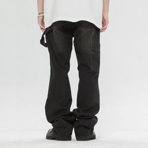 Jean noir high street de style américain, marque tendance pour hommes, jean coupe droite délavé et vieilli, pour femmes