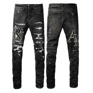 American Style High Street Distressed Wash Patchwork met letters Black Jeans Hole Patch