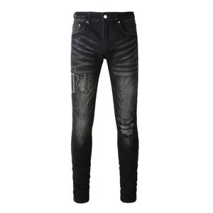 American Style High Street Hot Drill Letter Distressed Black Jeans 8823