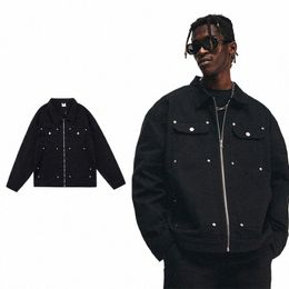 Style américain High Street Metal Stud Denim Jacket Men's Brand Retro Hip-hop Wed Loose Zipper Crock Jacket Men's Z7W6 #