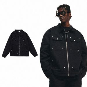 Estilo americano High Street Metal Stud Denim Jacket Marca de los hombres Retro Hip-hop Wed Loose Zipper Crock Jacket Men's l5nd #