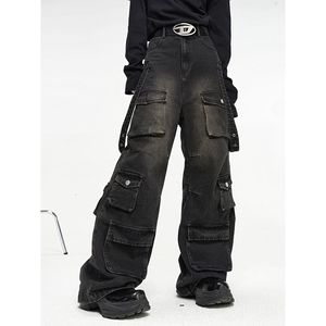 American Style High Street Multi Pocket Wide Leg Jeans Mens Loose Hiphop Straight Pantal Trend 240411