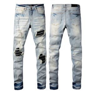American Style High Street Patched Cuir avec des trous en streaming en direct jean étiré lavé et en détresse