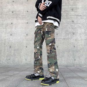 Amerikaanse stijl High Street Splashed Ink Camouflage werkkleding broek voor heren met meerdere zakken, losse rechte wijde pijpen, trendy hiphopjeans