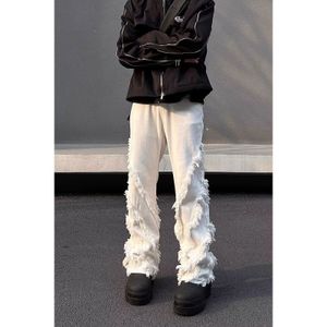 American Style High Street Vibe Structural Design With Raw Edge Jeans Mens Hiphop Straight Leg Highend Long Pants 240411