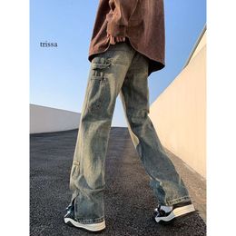 Jean de Style américain pour hommes, ample, jambe droite, marque tendance de rue légèrement évasée, pantalon Long à volants et beau, surdimensionné