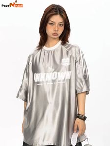 American Style Metallic Silver T-shirts Men Femmes Patchware T-shirt de la rue Hip Hop surdimension
