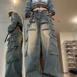 American Style Multi Pocket Workwear Jeans met trendy en cool High Street Design, losse en rechte been lange broek die de vloer slepen