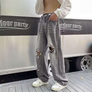 Pantalon de Style américain, jean en détresse de marque de mode Hiphop Street d'été pour hommes, pantalon ample à jambes larges à la mode
