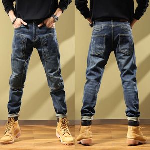 Jeans de moto patchwork de style américain, leggings à la tendance à la tendance des hommes et à l'automne, un pantalon décontracté élastique haut de gamme