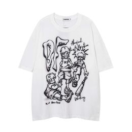 Amerikaanse stijl retro handgetekend stripfiguur graffiti T-shirt met korte mouwen voor heren zomermodellabelontwerp, paar losse halve mouwen