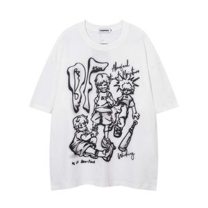 T-shirt à manches courtes avec graffiti de personnage de dessin animé dessiné à la main de style américain rétro pour la conception d'étiquettes de mode d'été pour hommes, couple ample à moitié manches