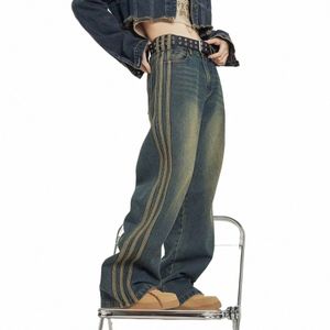 Style américain rétro W To Do Old Side rayé Baggy Jeans Fi High Street Casual Micro-trompette Mop taille haute pantalon gothique J9PM #