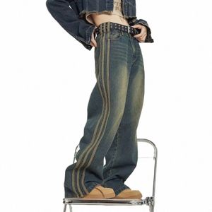 Style américain rétro W To Do Old Side rayé Baggy Jeans Fi High Street Casual Micro-trompette Mop taille haute pantalon gothique m3br #