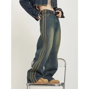 American Style Retro Wash pour faire un vieux jean baggy à rayures latéral mode High Street Casual Micro-Trumpet Mop High Waist Pant Gothic 240329