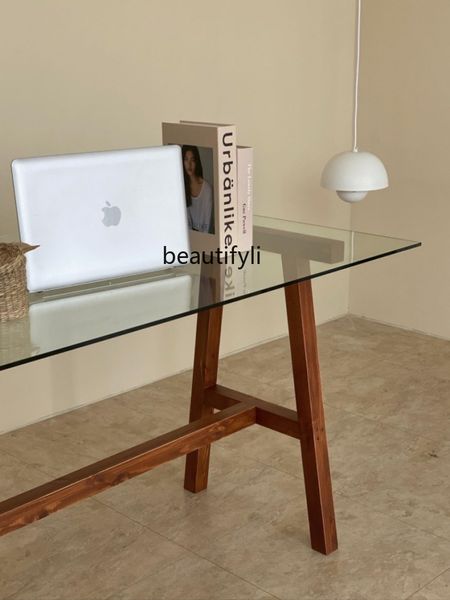 Bureau d'ordinateur en verre trempé en bois massif de style américain Simple Table à manger moderne bureau