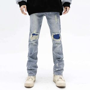 American Style Street Hole Patch Straight Cut Slim Fit gewassen jeans, lichtgekleurde bedelaars casual broek, trendy herenmerk
