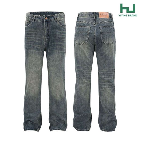 American Style Lavage et en détresse en bambou nœud coton micro jean évasé, pantalon de jambe de jambe droite lâche unisexe