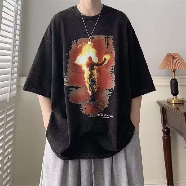 T-shirt court en détresse lavée américaine pour hommes 2024 Été Nouveau Instagram Trendy Loose Half à manches