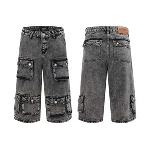 Amerikaanse stijl gewassen oude ontwerper Jean Short multi-pocket brede been rechte zwarte denim shorts voor mannen knielengte