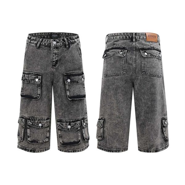 American Style Washed Old Designer Jean court Multi-poche large jambe droite en jean noir denim pour hommes du genou longueur
