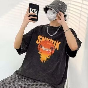 American Style Washed Old Tshirt Boys Short Summer Summer Loose Ins Fashion Brand Hip Hop Hop Half Top Garment 240507