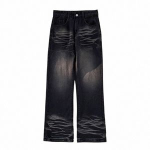 Style américain Mer High Street Retro Jeans Hommes Femmes Causal Lâche Droite Micro-évasé Pantalon Hommes Bas Vêtements Mâles c8Ku #