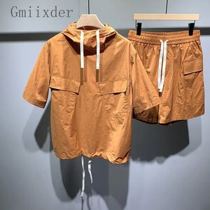American Summer Safari Pocket Cleings Japan Hooded Cargo Shirts Shorts Capris Men Loose Veste à manches courtes solides Punk Streetwear 240415