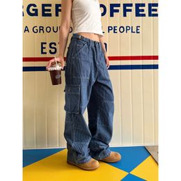 American herramientas retro jeans rectas heterosexuales para hombres y mujeres costuras de bolsillo múltiples pantalones de carga pantalones galeroso