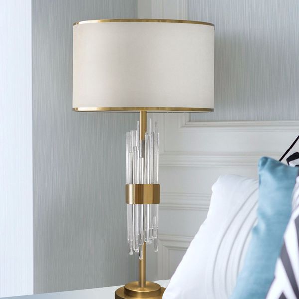 Lámpara de mesa de sala de estar con varilla de cristal transparente americano, LED de hierro E27, decoración de mesita de noche, iluminación de escritorio de tela blanca