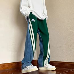 Amerikanischer Trend Hiphop High Street Lose Jeans Herren Patchwork Streifen Elastische Taille Kordelzug Taschen Gerade Freizeithose 2312129