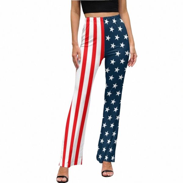 Pantalon imprimé drapeau américain américain étoiles et rayures taille élastique pantalon évasé sexy imprimé d'été pantalon Street Fi idée cadeau 954H #