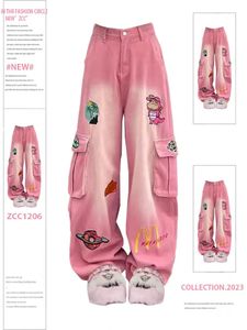 American Vibe rétro Retro Cartoon broderie Pink Tooleling Jeans Womens High Street Design Pantalon LOBE LORT LEG-LEG LAVIS DU TISSE 240430