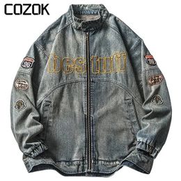 Veste en jean Vintage américain pour hommes printemps industrie lourde lettre ample manteau de broderie unisexe universitaire décontracté Baseball vêtements d'extérieur 240202