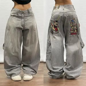 Amerikaanse vintage gotische print jeans vrouwen y2k straat hiphop lage taille dweilende brede pootbroek harajuku casual losse broek 240401