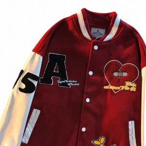 Veste Vintage américaine flocage amour uniforme de baseball rouge pour hommes femmes hip-hop couture lâche couple haut de gamme manteaux de bombardier A7EM #