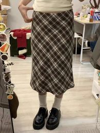 Jupe mi-longue à carreaux Vintage américaine pour femme, ligne a, taille haute, longue, Style scolaire d'été Y2k, classique en coton, Chic, 240313