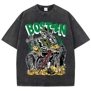 American Vintage T-shirts pour hommes / femmes Boston Skeletons fumer coton Tshirt laver avec de la vieille eau personnalité Tee vêtements 240329