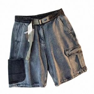 Amerikaanse Vintage Trendy Werkkleding Shorts Mannen Vrouwen Zomer Patchwork Denim Capri Amerikaanse High Street Rechte Buis Korte Broek X2YD #
