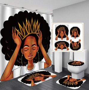 Femmes américaines avec rideau de douche de couronne afro africa fille reine des boucles de bain princesse avec tapis couvercle de siège de toilette 2373445