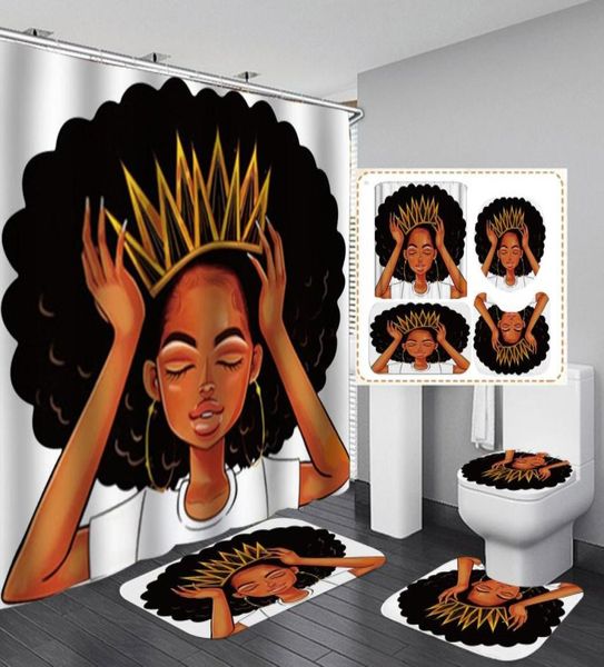 Rideau de douche avec couronne pour femmes américaines, Afro, fille africaine, reine, princesse, rideaux de bain avec tapis, housse de siège de toilette, ensemble 7547951