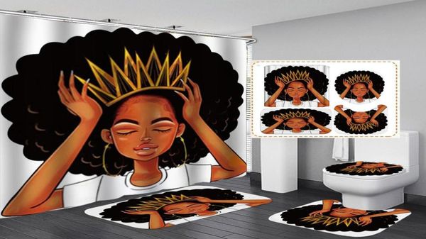 Femmes américaines avec rideau de douche de la couronne Afro Africa Girl Queen princesse Bath Bath Curtains avec tapis de couverture de siège de toilette8765212