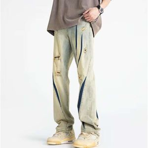 Jeans en détresse de boue jaune américaine, jambe droite hip-hop de printemps / été masculin à volants et beau pantalon, High Street Vibe Label Fashion Oversize M520 35