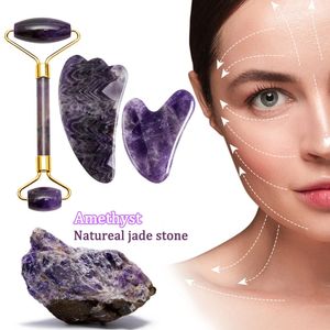 Rouleau de massage pour le visage en améthyste / Masseur Gua Sha pour le visage Jade naturel Anti-rides Grattage de la peau Guasha Lifting Soulage les ridules 240329